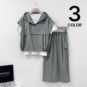 미즈큐즈 /  SET상품  바스락 스냅 버튼 후드 스트링 조끼 + 밴딩 카고 롱스커트/ 3컬러