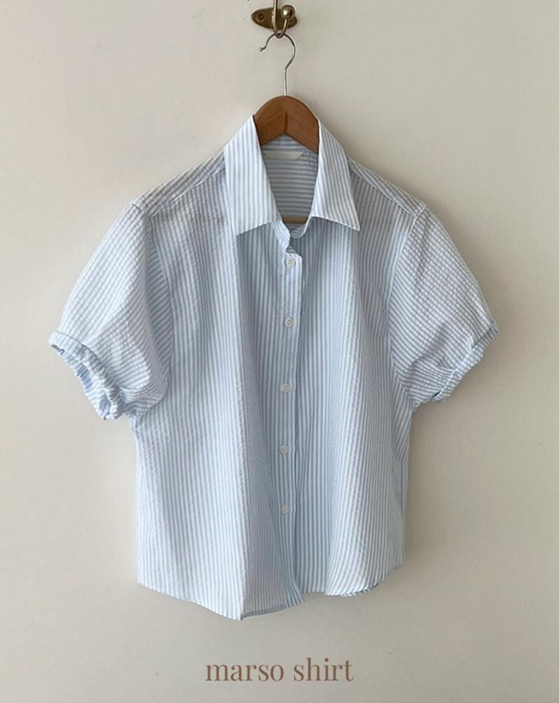 마르소 여성 여름 시어서커 롤업 스트라이프 반팔 카라 셔츠
