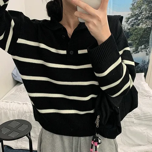 단추 스트라이프 카라 니트 (5color)