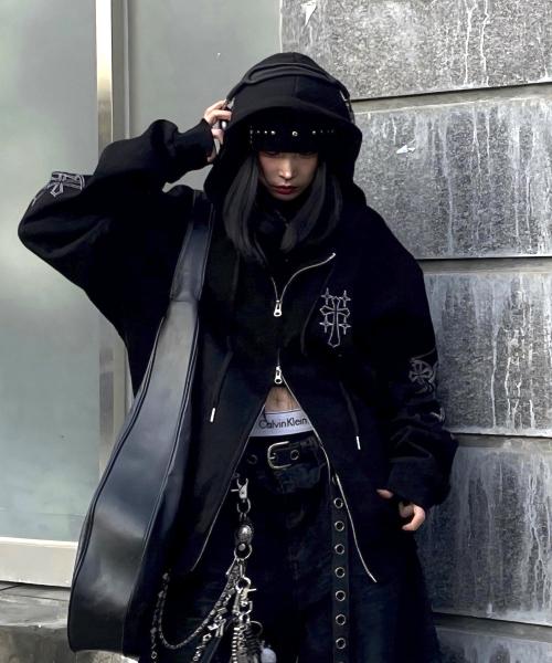 니들 워크 후드 집업 - 블랙