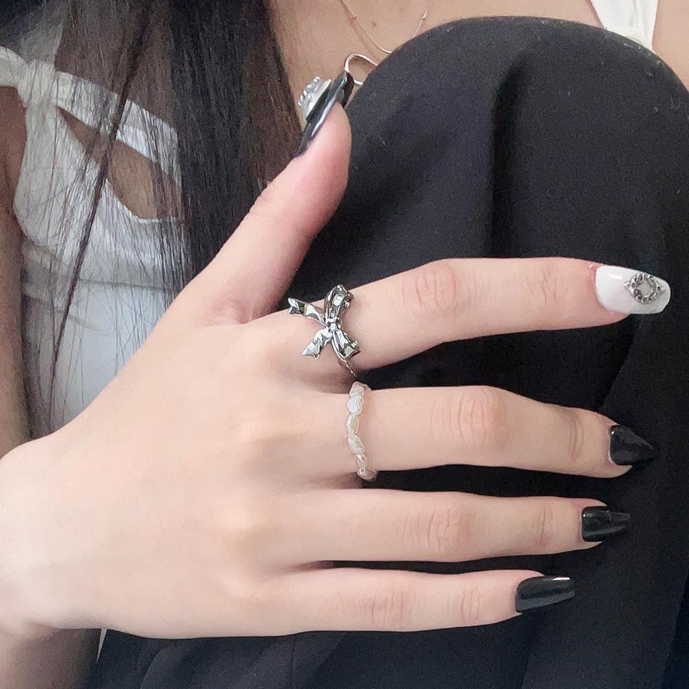 리본 반지 천연담수진주 반지 레이어드 세트