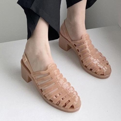 토벤 피셔맨 앞막힌 통굽 스트랩 샌들 여름 데일리 비치 바캉스 메쉬 그물 아쿠아 물놀이 젤리 슈즈 미들힐 빈티지 캐주얼 슬링백 키높이 슈즈 5.5cm