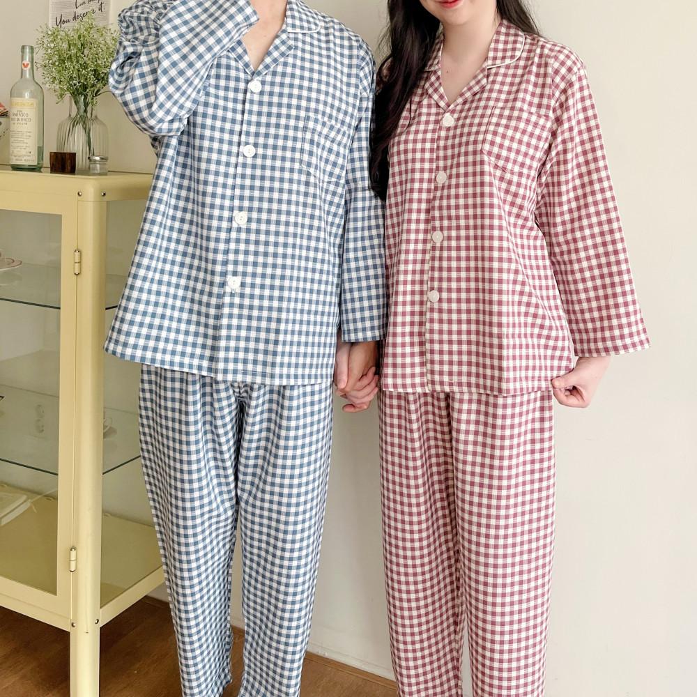 빅사이즈 커플 잠옷 국산 찰랑 깅엄 체크 신혼 홈웨어