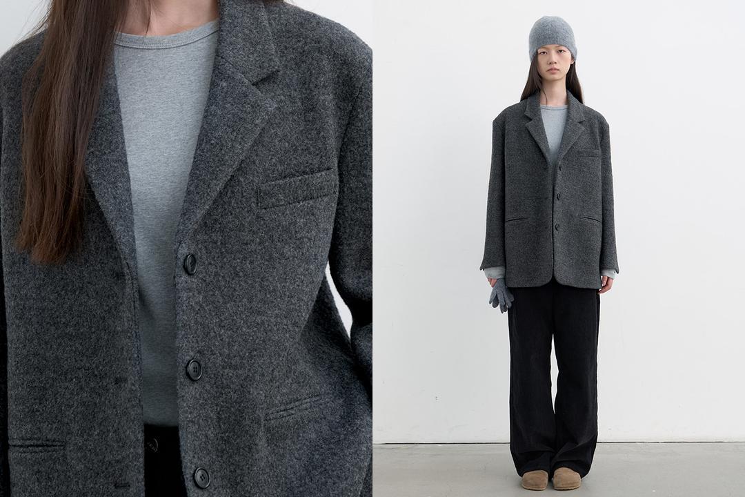 3 button wool boucle jacket (charcoal)