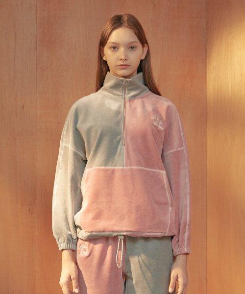 벨벳 컬러 블럭 아노락 스웻 티셔츠