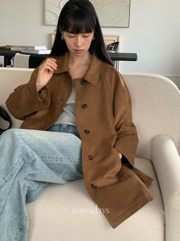 jinsim 진심 아더 바바리 코트 스웨이드 래글런 카라 싱글 하프 ct