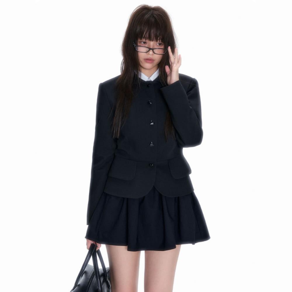 NECY STUDIO 자켓 블랙 라운드 카라넥 하트버튼 슈트 재킷