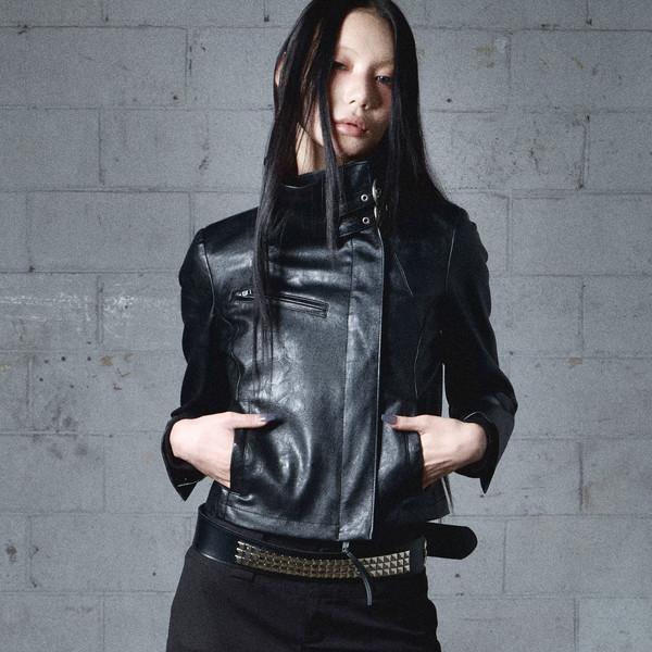 Belted High-Neck Leather Jacket (BLACK)
