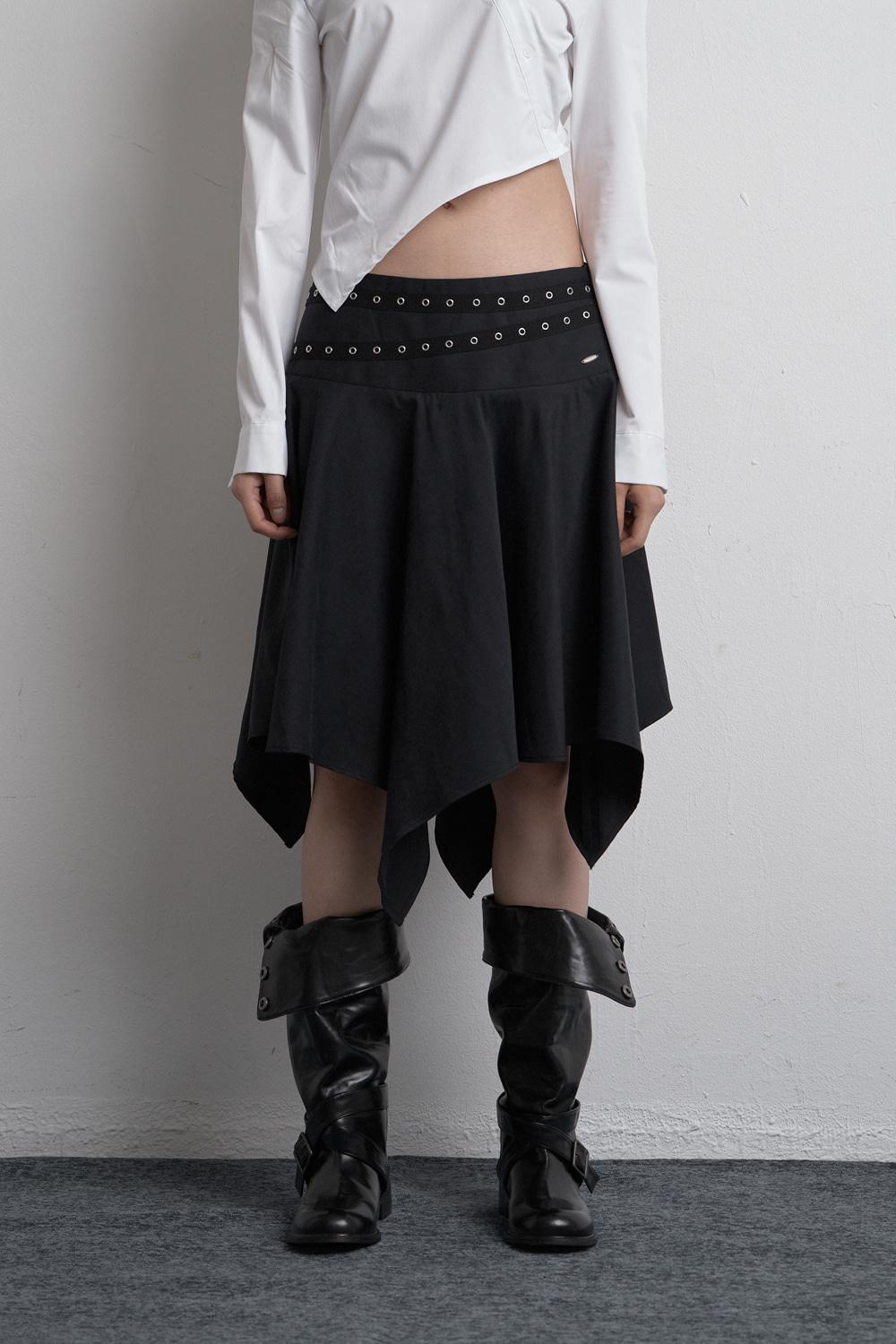 EYELET UNBALANCED MIDI SKIRT BLACK