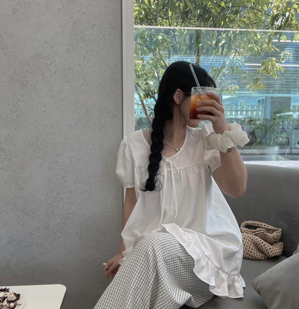 제제 프릴 리본 롱 블라우스