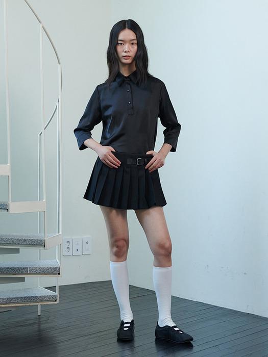 Belted pleated skirt pants_black