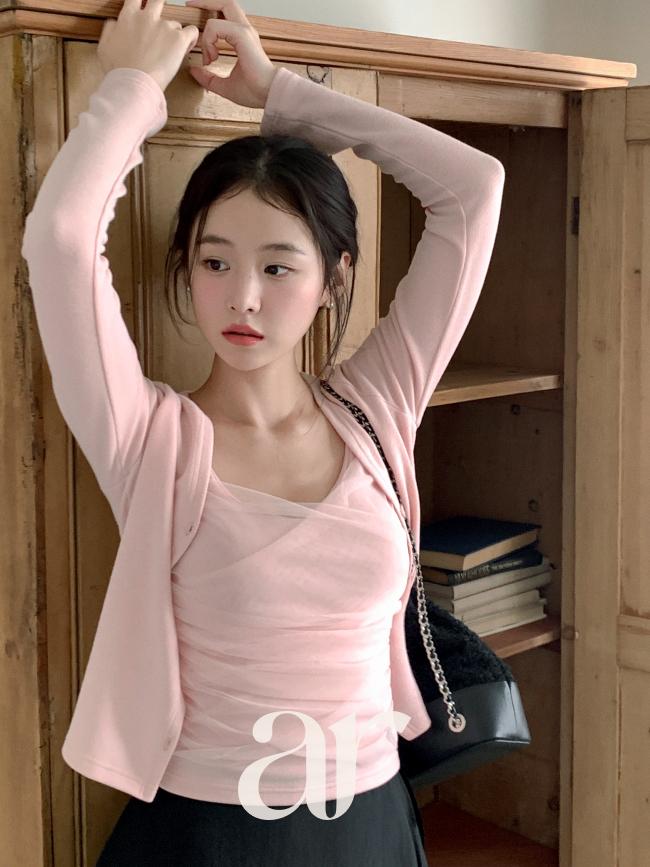 아뜨랑스 (나시+가디건set/내장캡O)1000장 돌파✨  샤 셔링 슬리브리스 긴팔 가디건 세트 투피스세트 여리핏데일리룩 나시가디건세트 페미닌룩 꾸안꾸코디 봄옷 벚꽃룩 니트가디건 뷔스티에  st2975