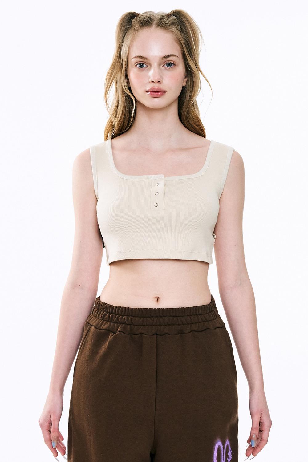 Button sleeveless short top_Beige