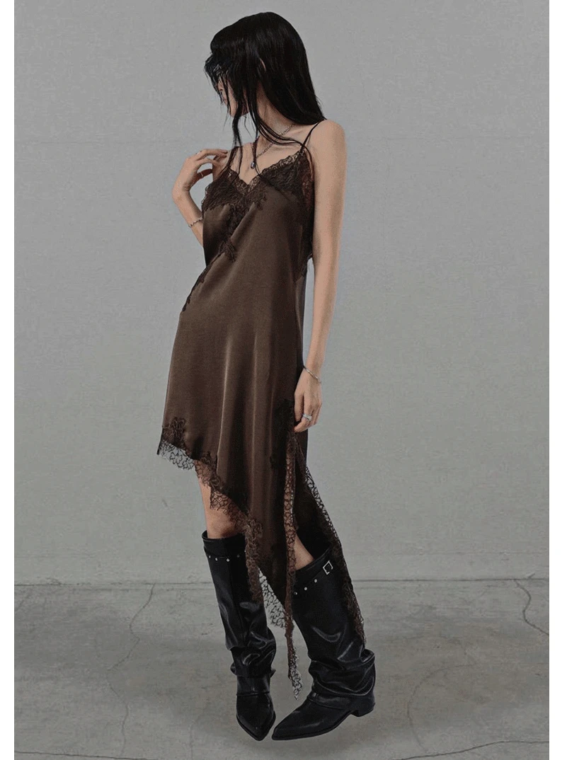 [당일출고] SERENE SATIN ASYMMETRIC LACE SLIP DRESS 세린 새틴 비대칭 레이스 슬립 원피스 (4COLORS)