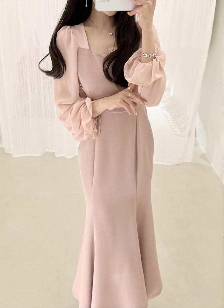 쉬폰 러블리 소매 스퀘어넥 롱 머메이드 여신 하객원피스