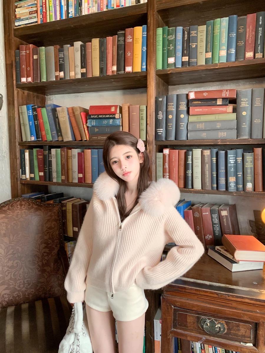 라이트 체리 핑크 슬림 폭스 울 스웨터 자켓