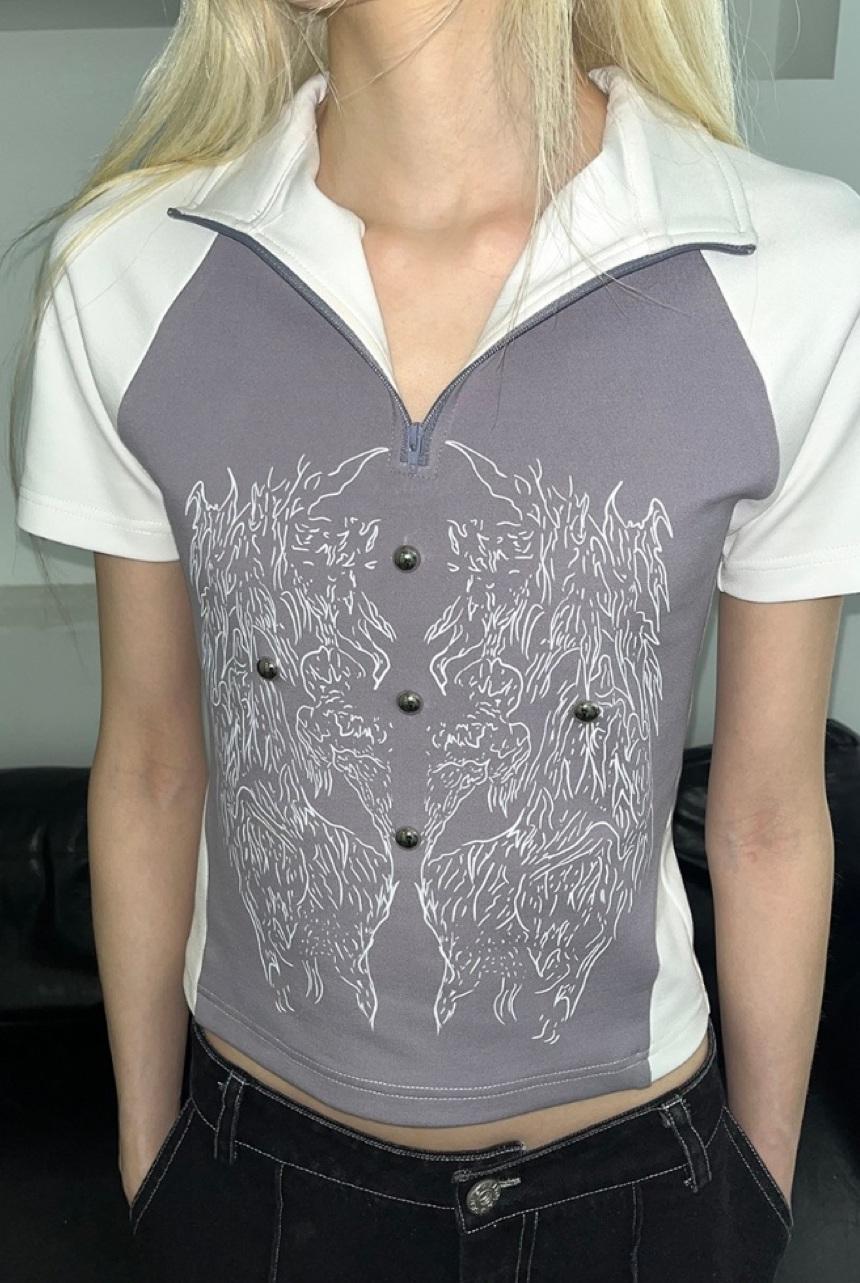 Elyoya printed patchwork knit stand collar T-shirt