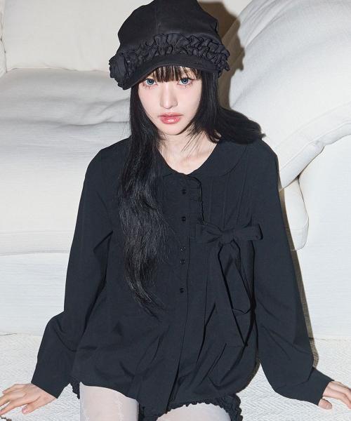 리본 플리츠 블라우스 블랙