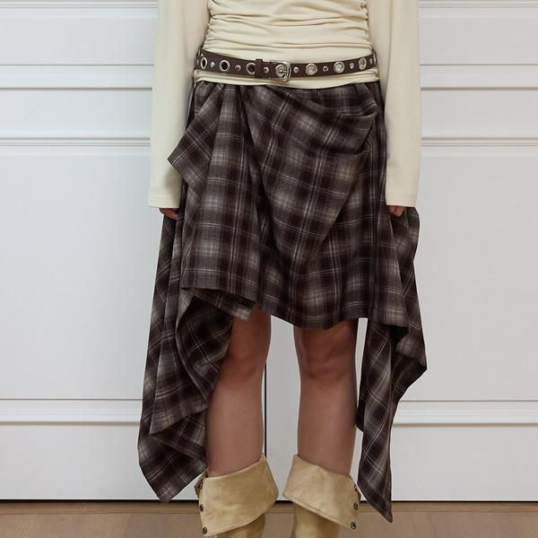 CHECK DRAPED LONG SKIRT - BROWN