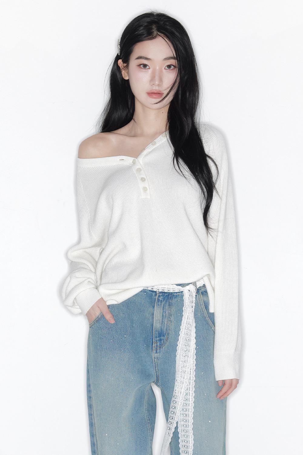 CASHMERE BUTTON BOXY WAFFLE KNIT_TT6S301IV