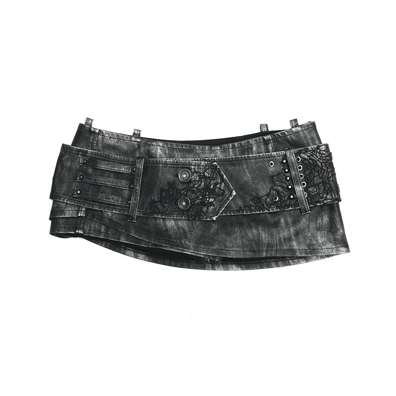 Heavy-Duty Rivet-Embroidered Belted Washed Leather Skort