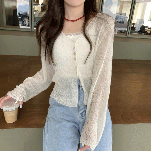 [여리여리/데일리] 메리 단추 브이넥 시스루 니트 가디건