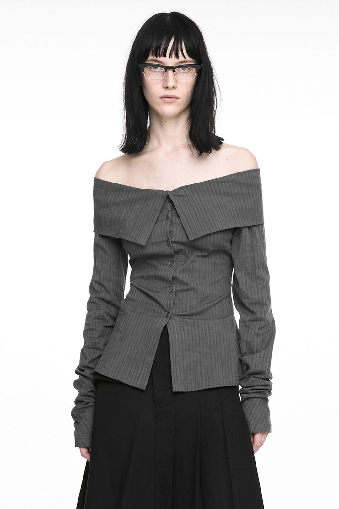 STRIPED OFF SHOULDER SHIRT CHARCOAL