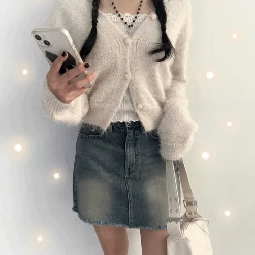 당일발송* [문의폭주] 래시 브이넥 솔잎 앙고라 가디건 - 앙고라가디건 퍼가디건 가을 크롭 단추가디건 니트가디건