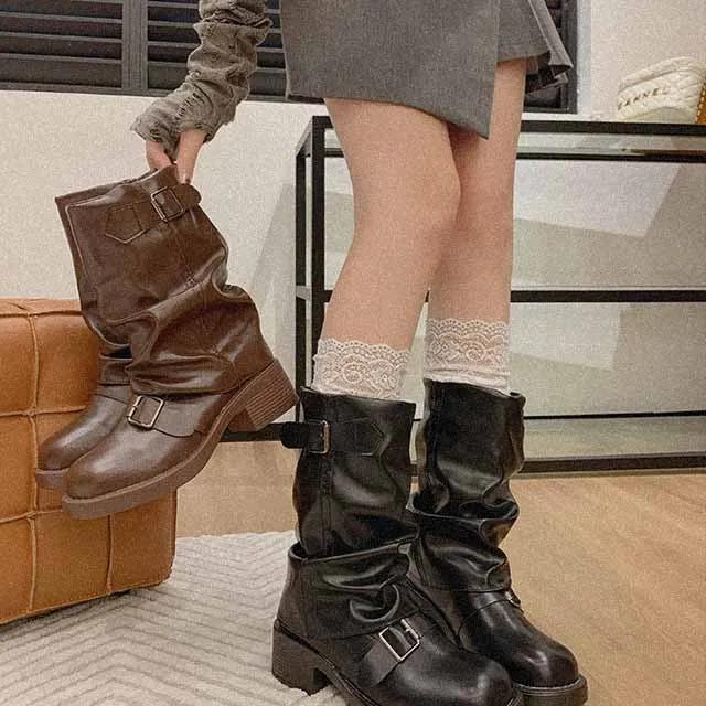 레이디슈 버클 벨트 셔링 통굽 스퀘어 미들부츠 0134