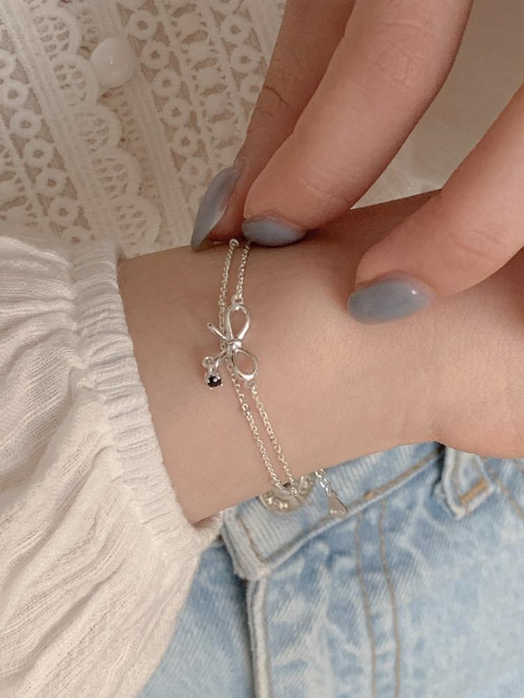 925실버 힌즈 리본 두줄 레이어드 체인 은 팔찌 (2 color)