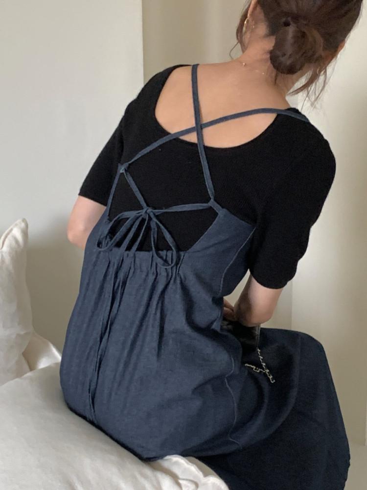 백리본 뷔스티에 끈나시 데님원피스 여름원피스