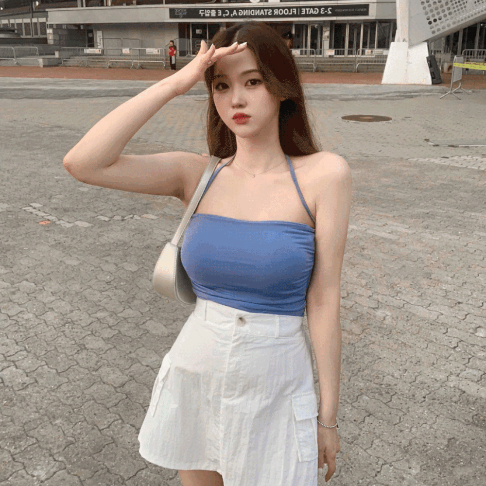 무배🚀 [흠뻑쇼💙볼륨UP] 홀터넥 언발 튜브탑 탱크탑 나시탑 크롭 셔링 레이어드 탑 이너 소라 나시 캡 브라탑 슬리브리스 홀터 블루 튜브탑 투웨이 데일리 끈나시 슬리브리스 3color