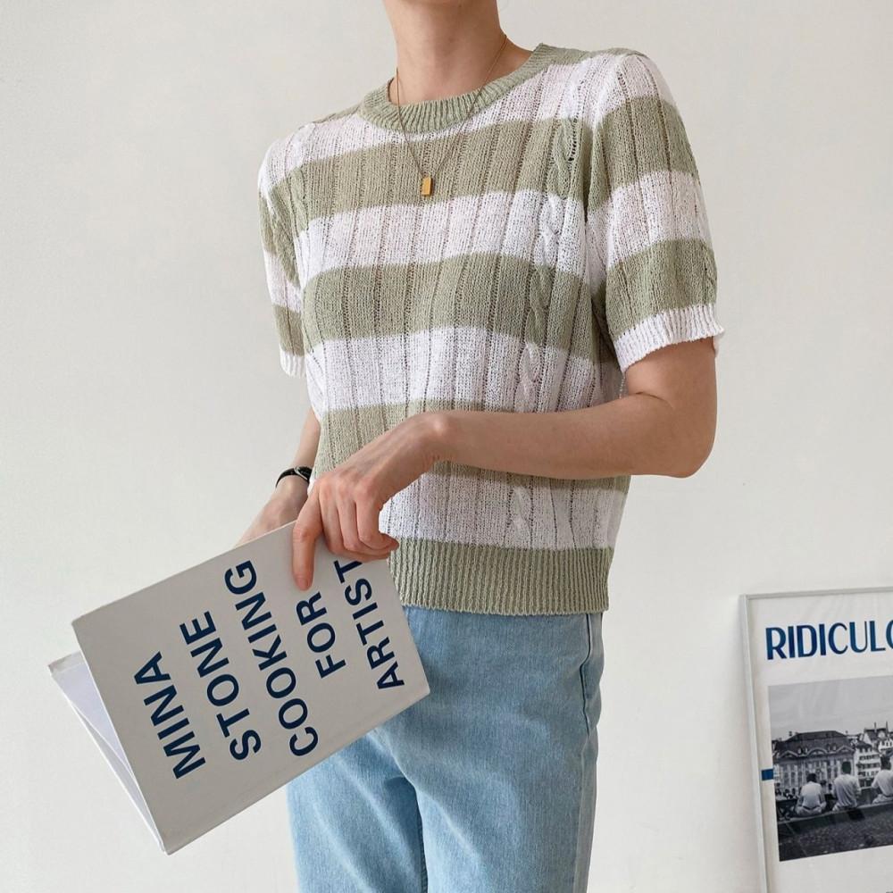 배색 단가라 부클니트 꽈배기 루즈핏 여성 반팔 여름 제피 크롭니트