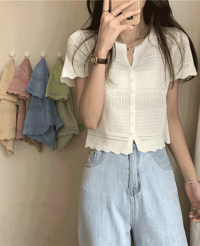 *당일발송(핑크)*보헤미안 펀칭 넥트임 크롭 반팔 가디건