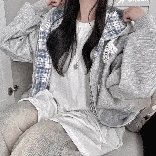 [와앙오버핏/체크배색] 탄탄 재질, 레이스 리본 오버핏 체크 후드집업
