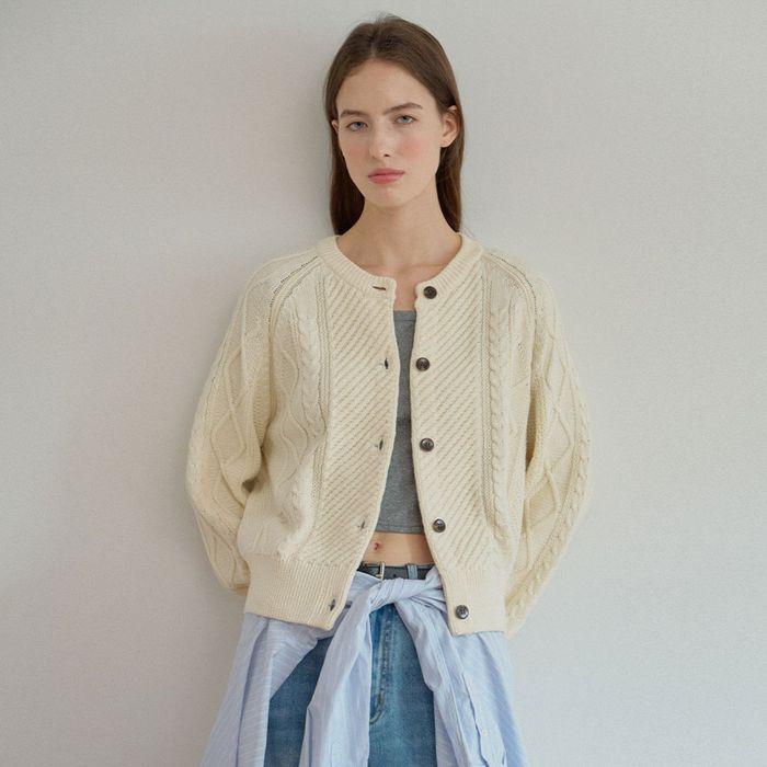 COTTON CABLE KNIT CARDIGAN [IVORY]