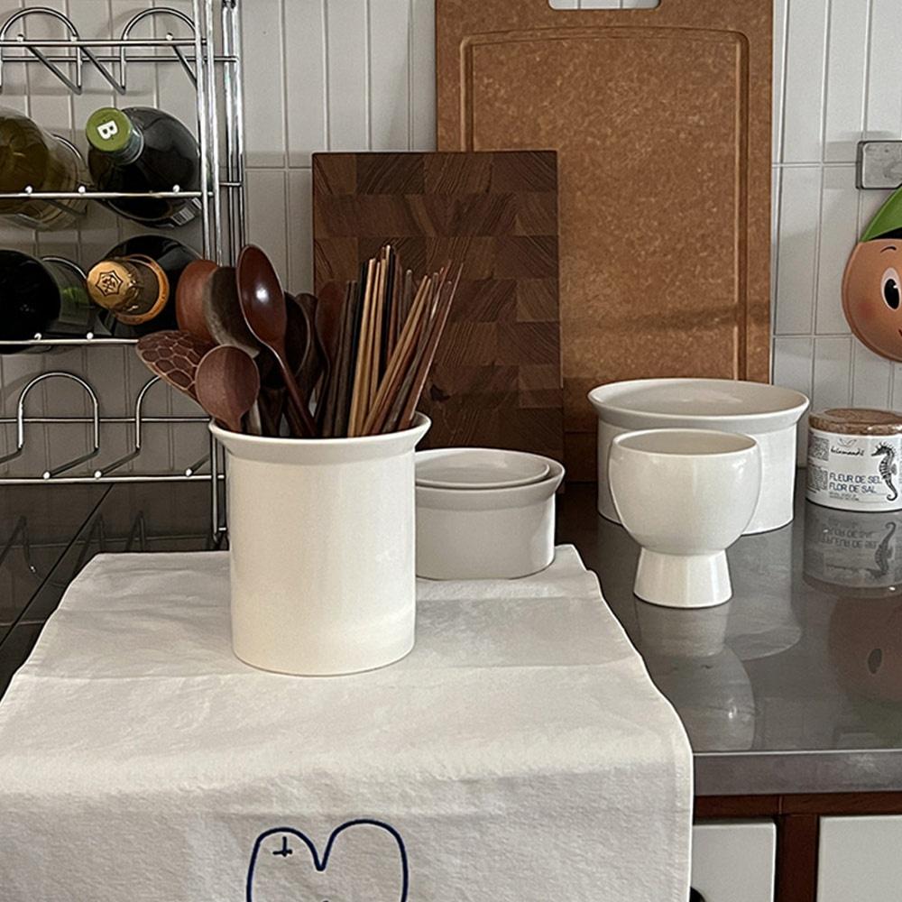 [프리미엄한식기 화이트에디션] 수저를 위한 낮은 도자기원형통(물빠짐구멍 있음)