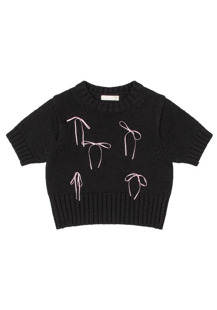 RIBBONS SHORT-SLEEVED KNIT TOP-BLACK