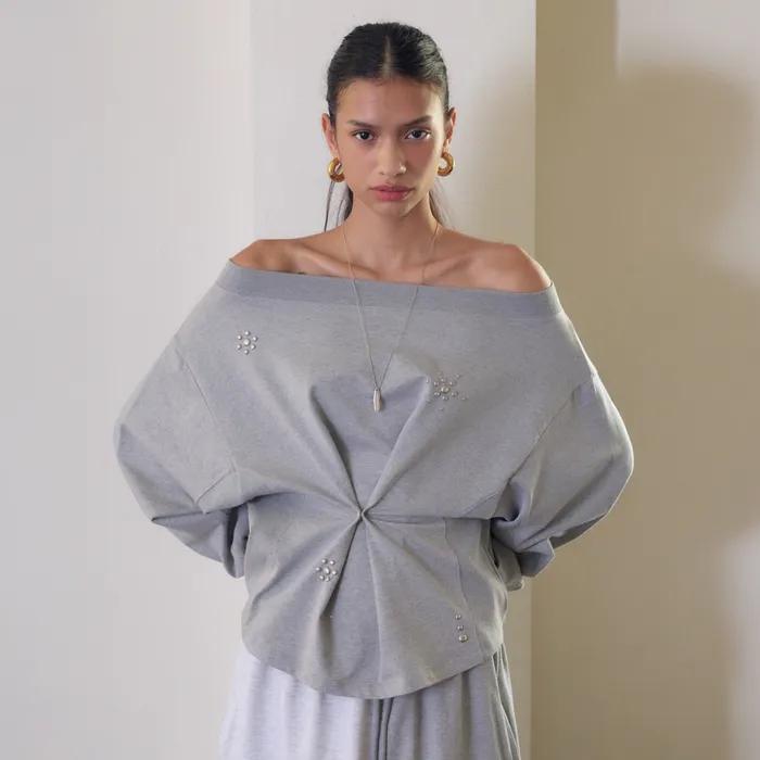 Up Patch Boatneck Sweatshirt / Melangegray