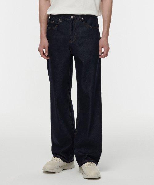 속기모 와이드 데님 팬츠 [딥 인디고]