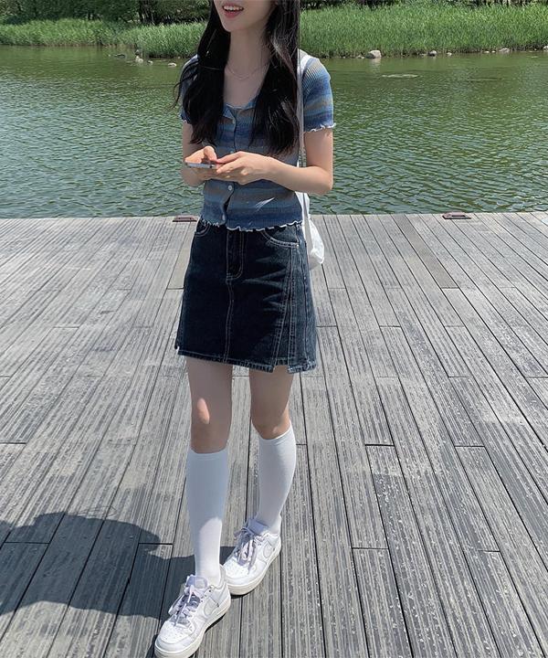 베니아 절개 스티치 청 스커트