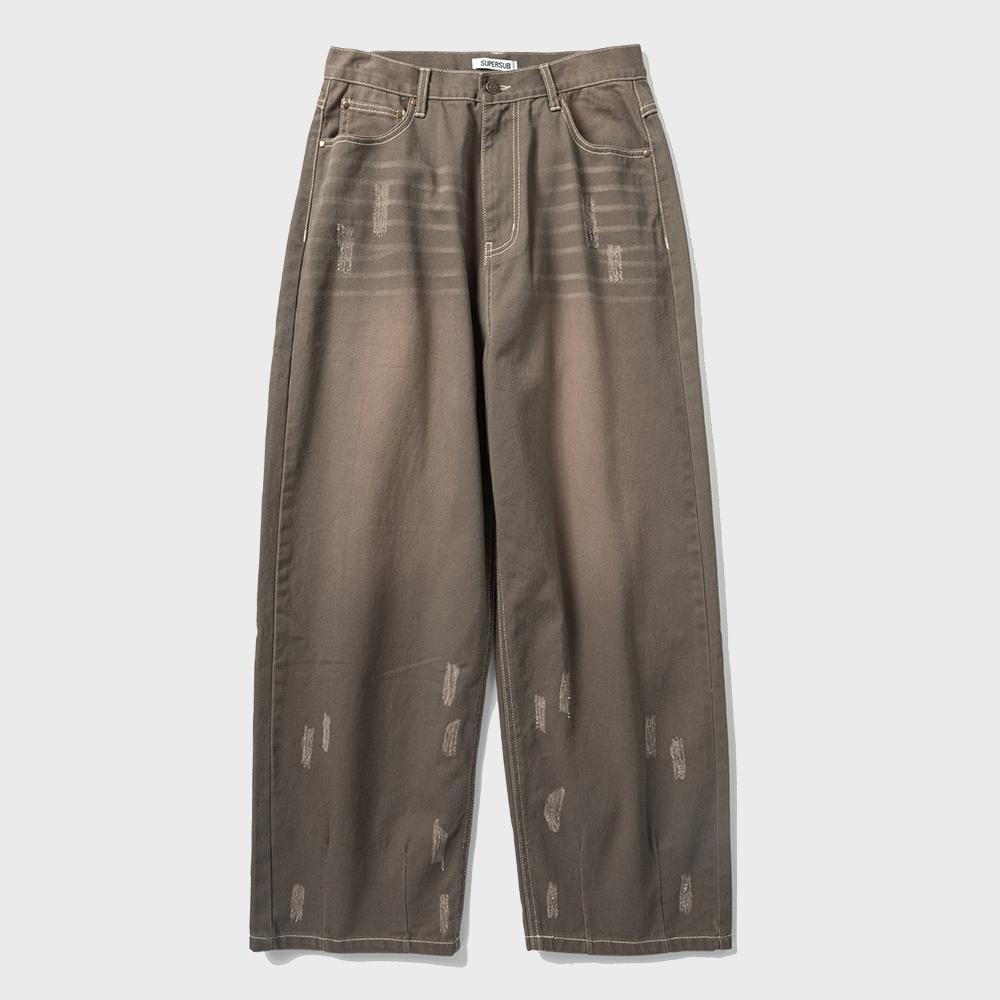 벌룬핏 데미지 워싱 데님 팬츠 - 브라운