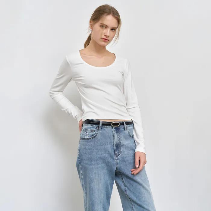 WOMAN 슬림 U넥 롱 슬리브 티 [WHITE] / WBE1L01504
