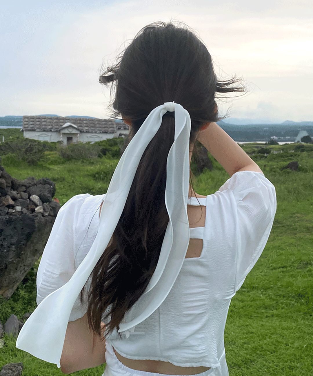 [무배/여리템] 살랑살랑 포니테일 골프 쉬폰 롱 스카프 리본 헤어끈 머리끈