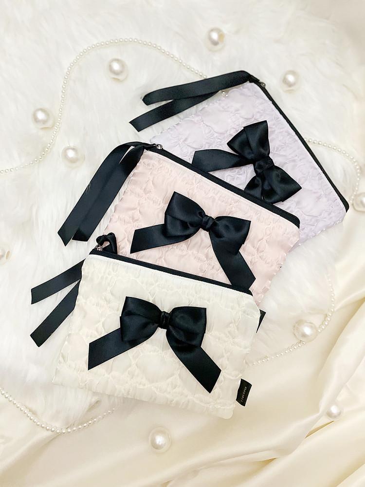 글로시 오간자 더블 리본 지퍼 파우치 M SIZE (3color)