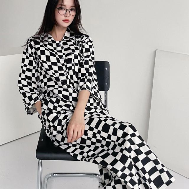 체크 체커 보드 잠옷 세트 파자마 편안한 여행 발코니 실내복