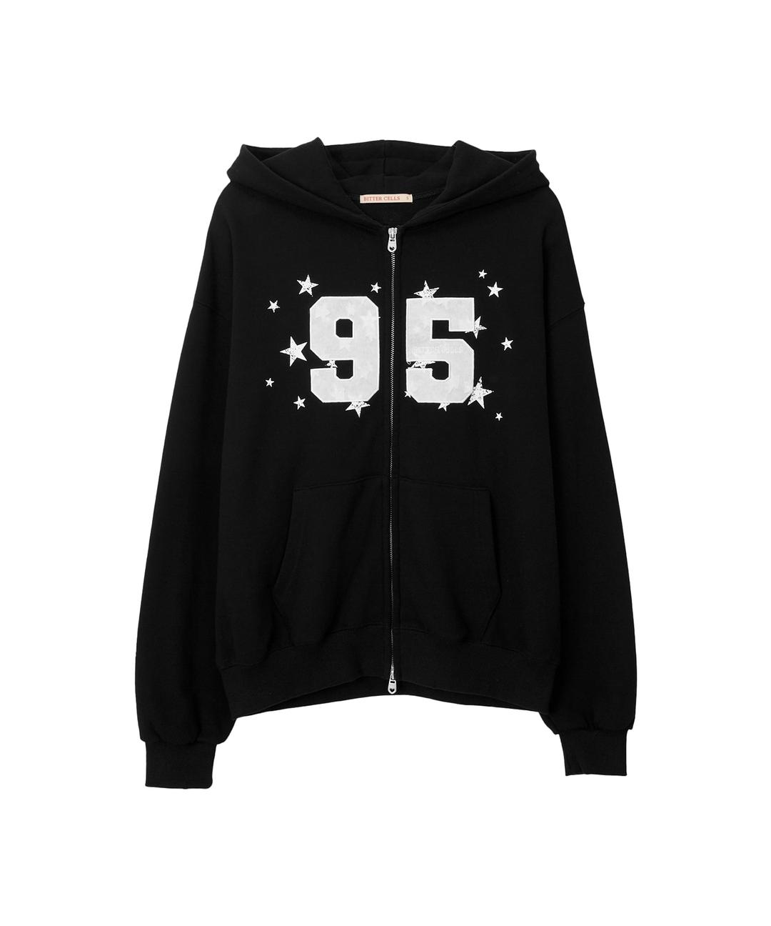 Star Applique Hood Zip Up-Black