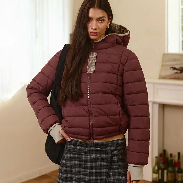 Hood Check Light Puffer Jacket-Burgundy