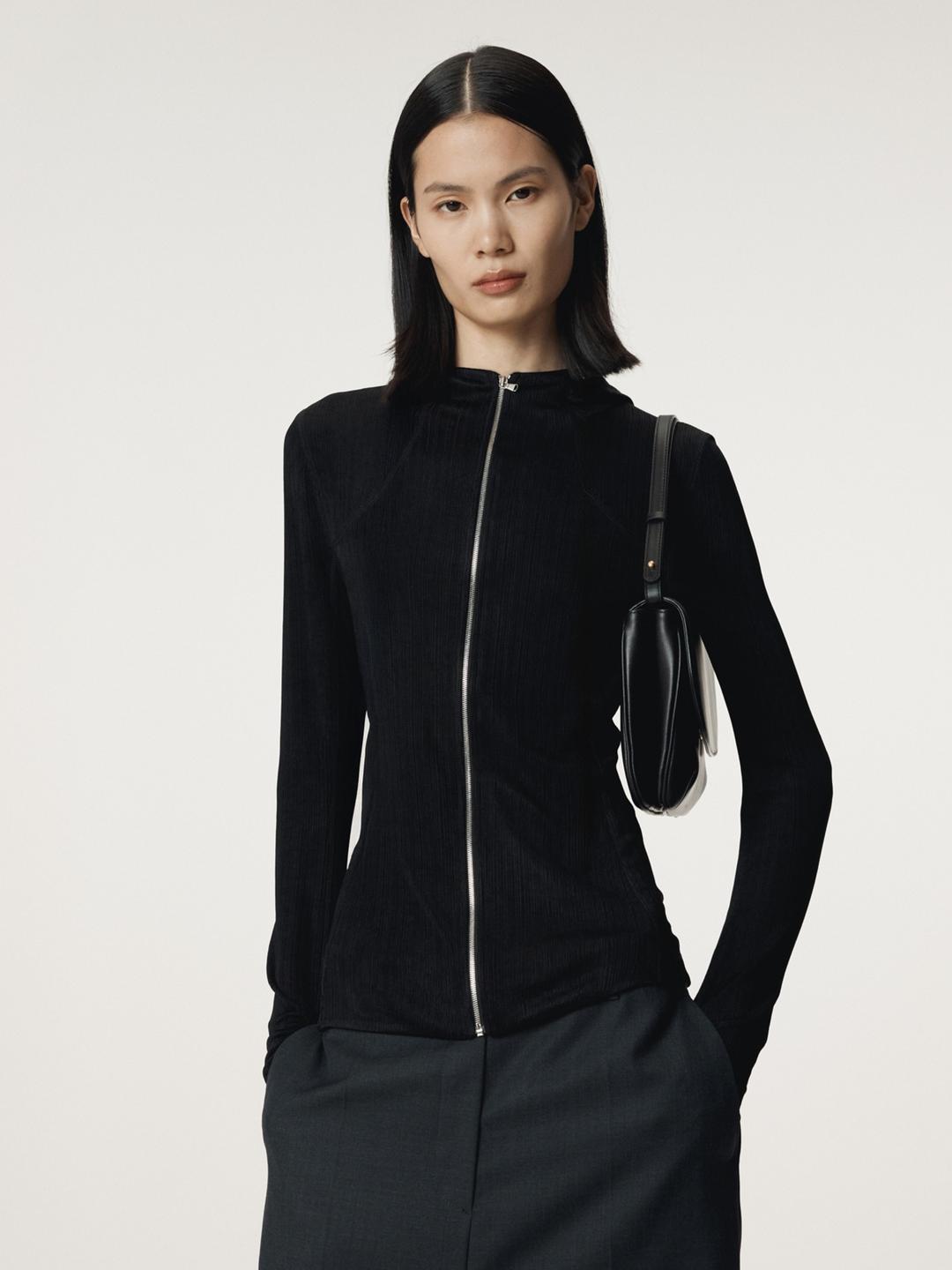 SHEER JERSEY FITTED ZIP HOODIE (BLACK)