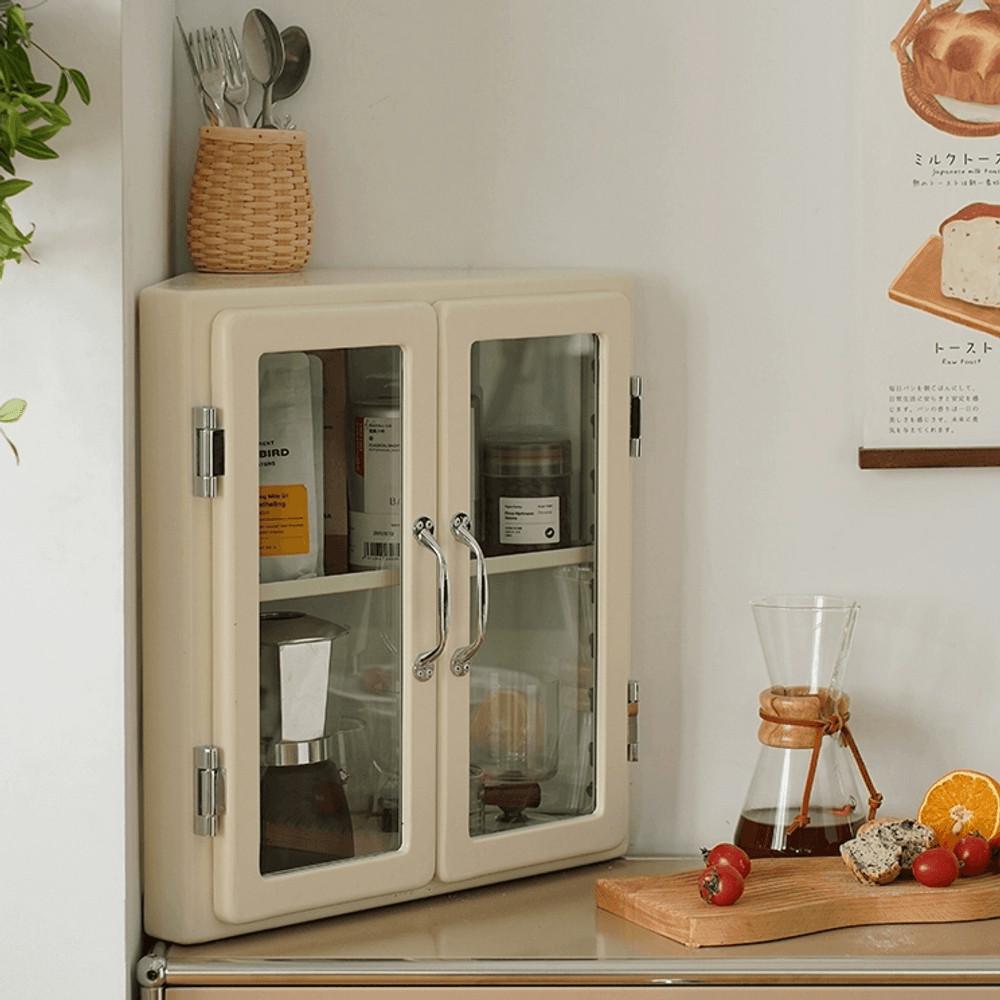 버터옐로우 코너 선반 캐비넷 2단선반